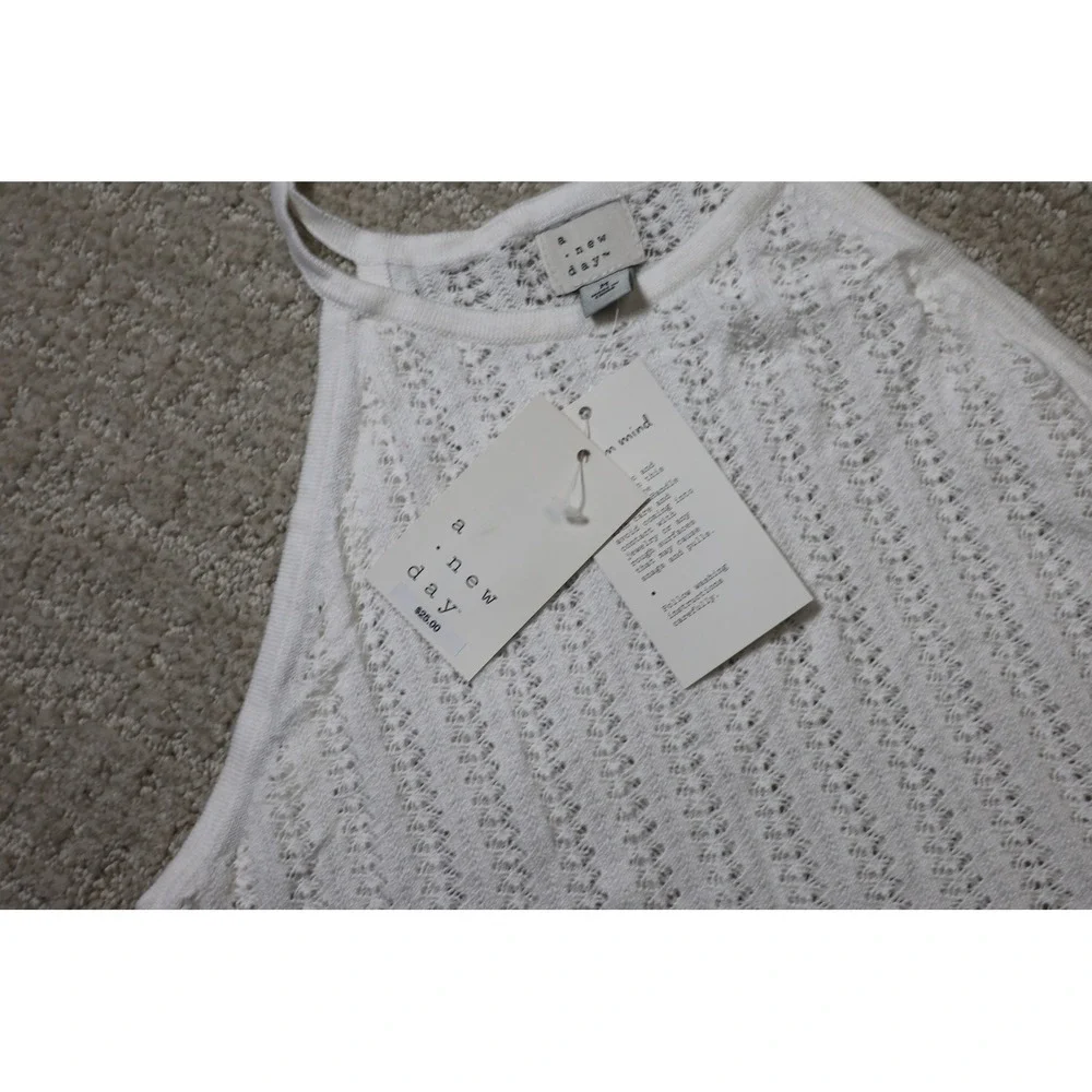 A New Day Cream Pointelle Knit Halter Tank Top Sleeveless Crochet Medium NWT